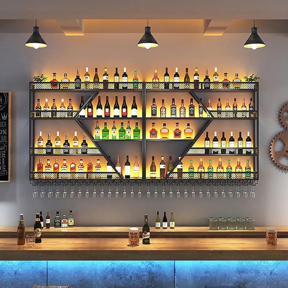 Botellero Grande de 3 Niveles para Montar en la Pared con Luces LED, Barra Industrial de Metal, estantes flotantes, Soportes para Copas, Expositor para Botellas de Vino, Ideal para el hogar,