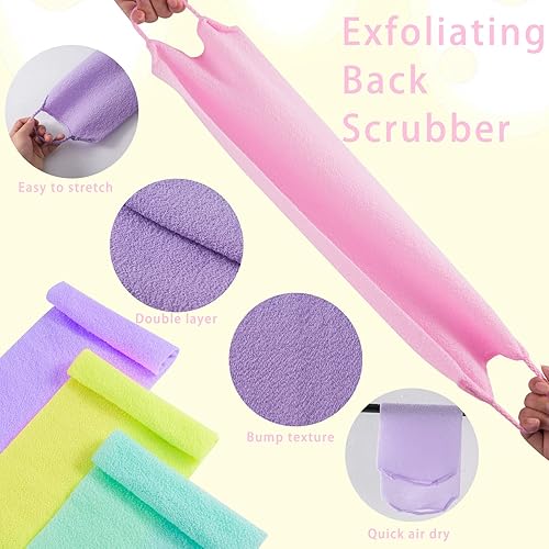 Miniatura 10 de 4 unidades de exfoliante para la espalda para la ducha, de nailon, exfoliante corporal, exfoliante de espalda elástico con asa, limpiador exfoliante