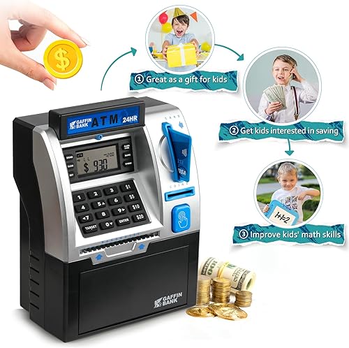 Miniatura 5 de Vcertcpl - Alcancía para niños y niñas, banco seguro para billetes y monedas, cajero automático electrónico, caja de ahorro de dinero con