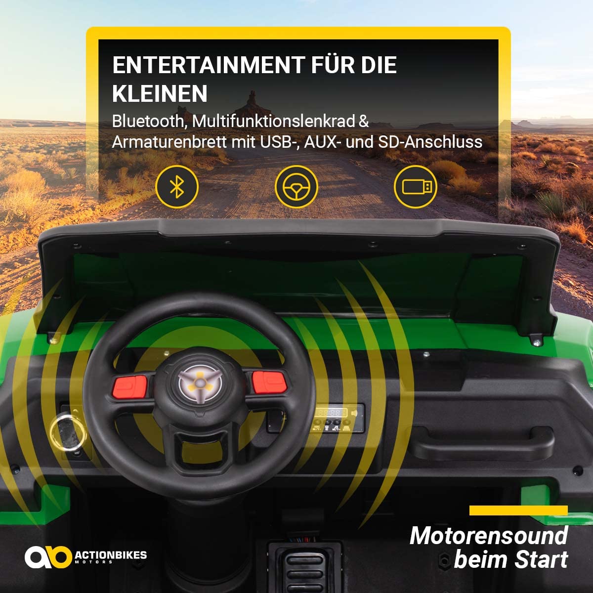 Actionbikes Motors Kinder Elektroauto UTV A730 | Fernbedienung mit First Funktion - 4-Rad Antrieb - Kinderauto elektrisch - Elektrofahrzeuge - Elektro Auto für Kinder ab 3 Jahre (Grün/Gelb)