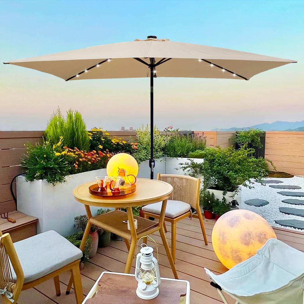 Amazon.com : BNSPLY 10x6.5ft Patio Umbrella, Rectangular Outdoor Table  Umbrella with Solar Lights, Pool Deck Umbrella with Crank and Push Button  Tilt, Market Umbrella with 6 Ribs for Backyard, Garden, Porch (Tan) :