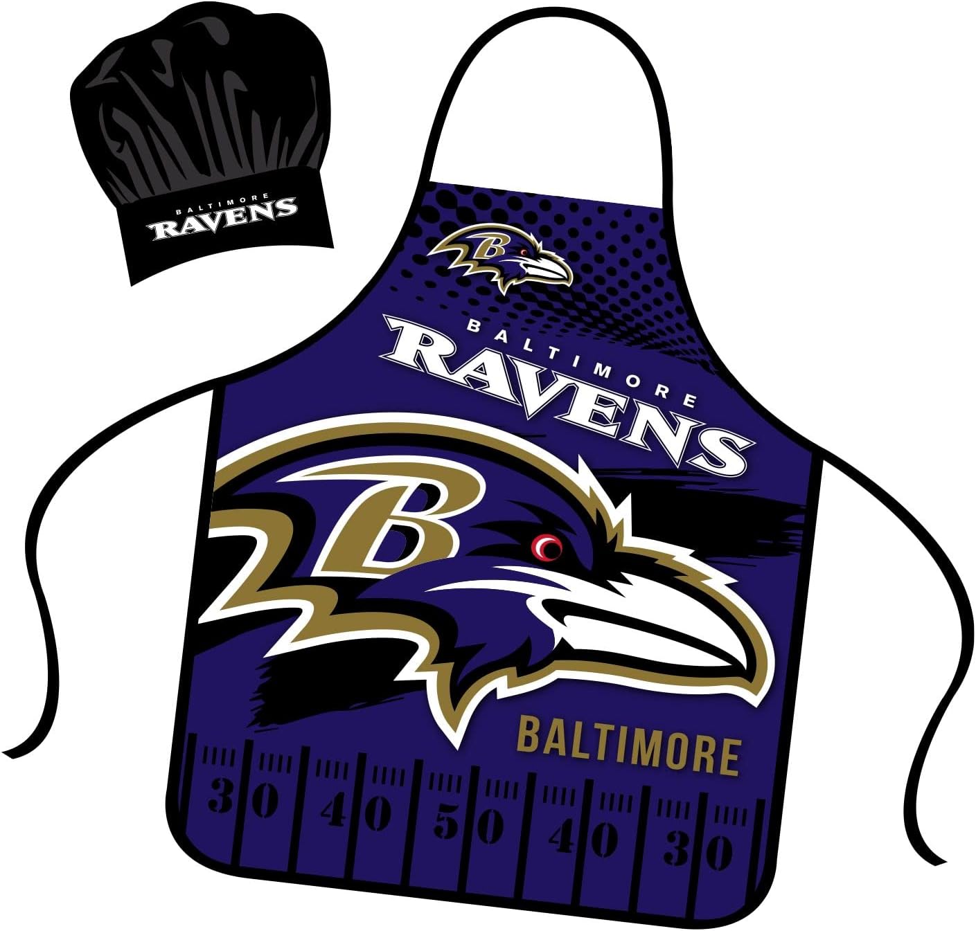 Mojo LicensingBaltimore Ravens Apron Chef Hat Set Full Color Universal Size Tie Back Grilling Tailgate BBQ Cooking Host, Team Color, One size