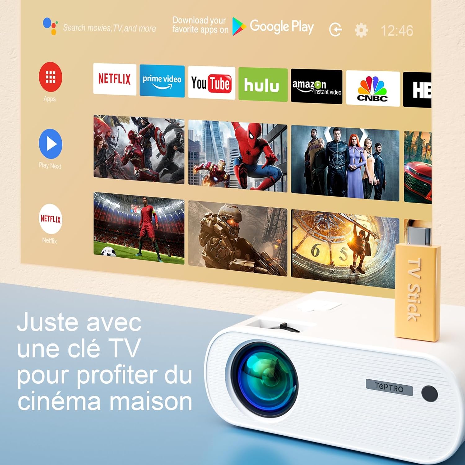 TOPTRO X2 projector connected to a TV stick, displaying a smart TV interface with various streaming applications like Netflix, Prime Video, and YouTube.