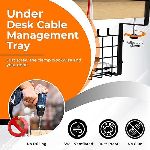 Miniatura 2 de Homeify Bandeja de organización de cables para debajo del escritorio, ajustable, bien ventilada, sin taladro, juego de organizador de escritorio con