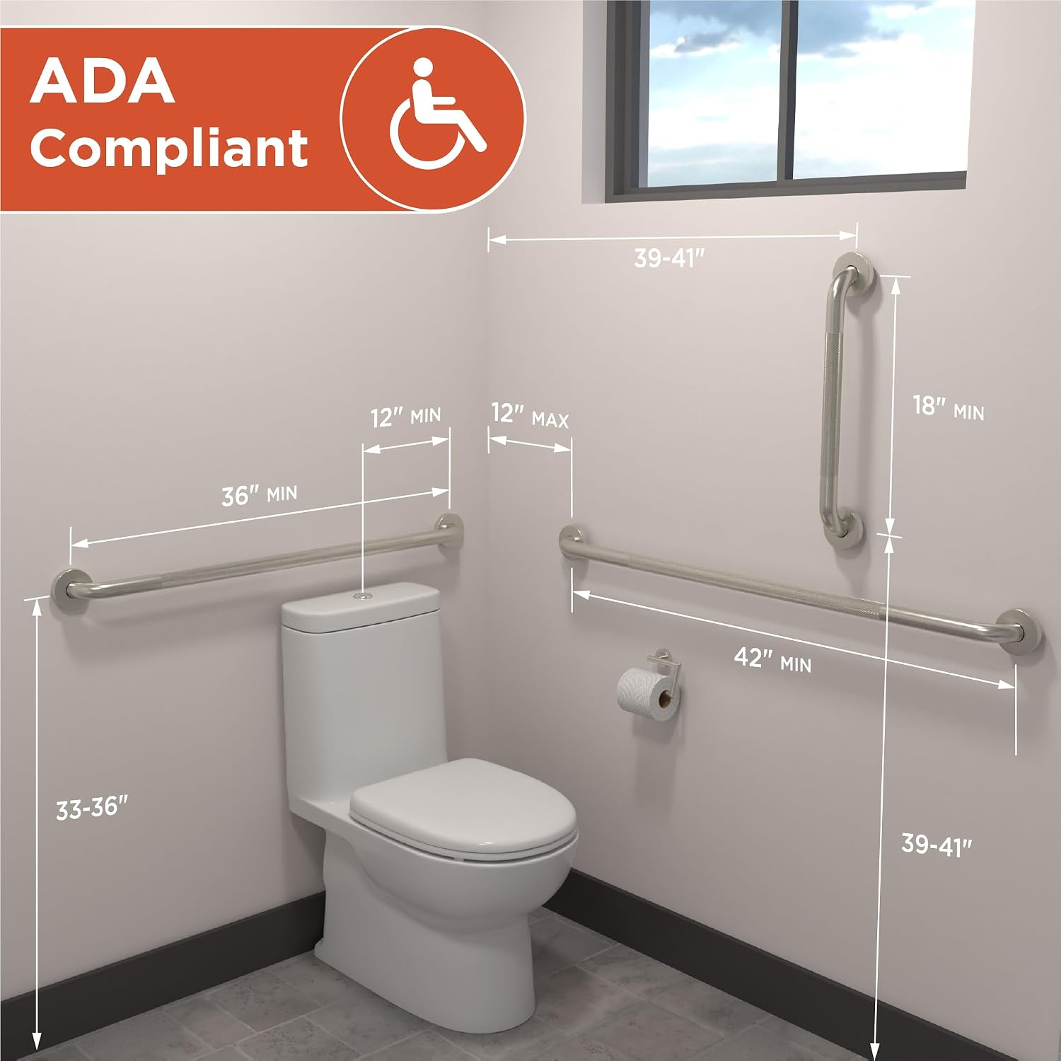 HEALTHCRAFT (3X Pack) Commercial Grab Bar Bundle, ADA Compliant 1.25" Stainless Steel Grab Bars (18", 36", 42") - Safety Bars for Public Restrooms & ADA Bathrooms in Knurled