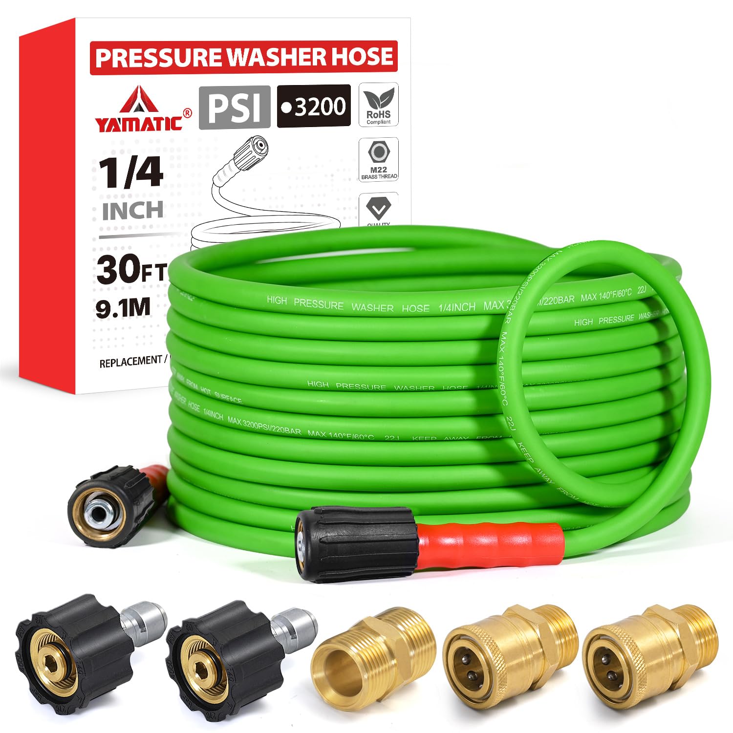 YAMATIC Flexible Pressure Washer Hose 30 FT 1/4", M22-14mm Females