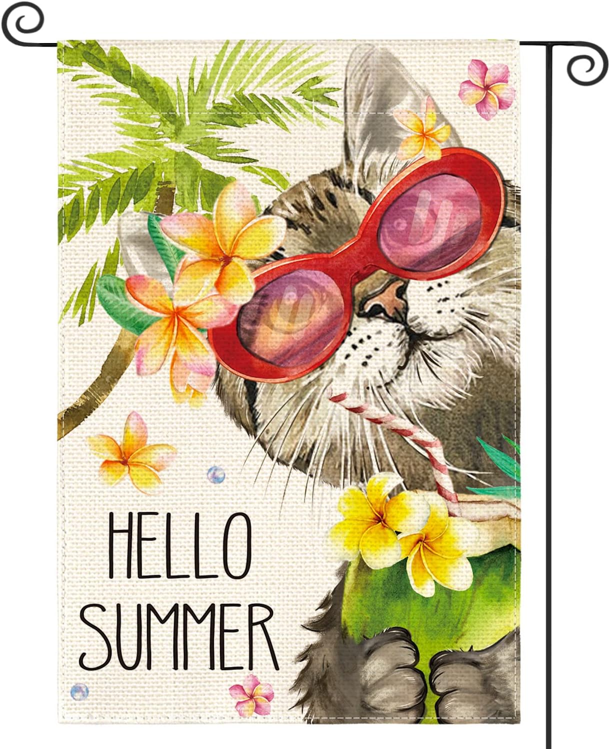 House Flag colorlife Hello Summer Floral Cat Garden Flag 12×18 Inch Double Sided Outside, Party Holiday Burlap Yard Outdoor Decoration