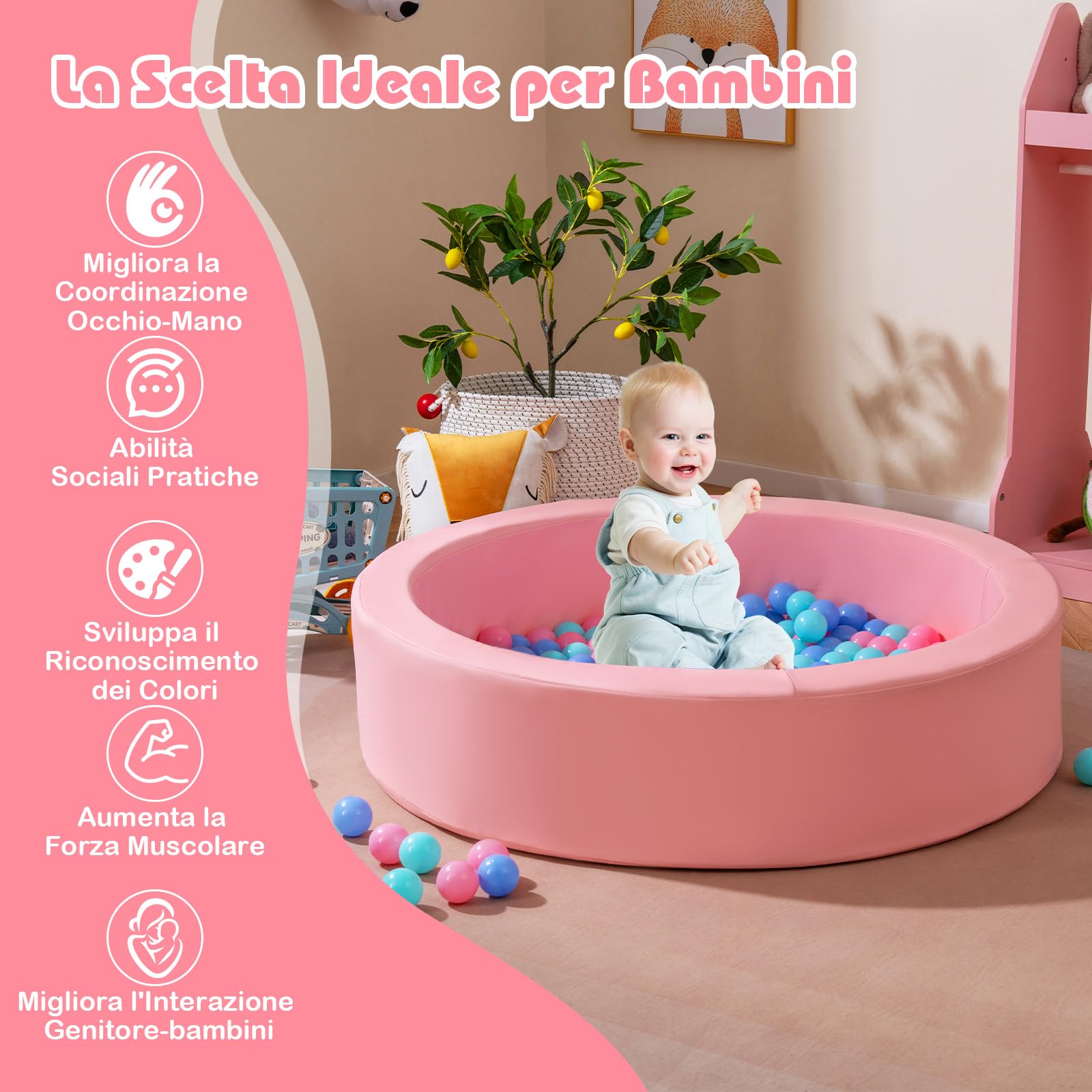 COSTWAY Piscina di Palline per Bambini, Vasca Rotonda con 200 Palline Colorate, Sacchetto in Rete e Copertura Rimovibile, Piscinetta in Morbida Schiuma per Soggiorno e Camera di Bambino (Rosa)