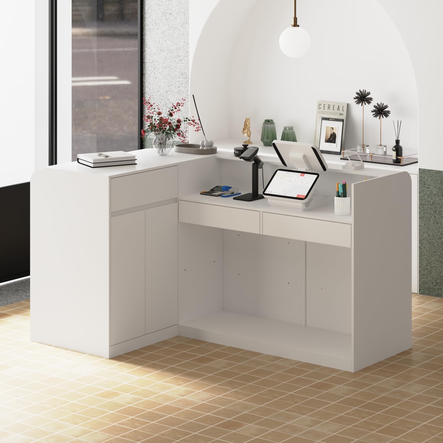 Table de caisse en forme de L, comptoir d'angle avec 3 tiroirs et 1 armoire, grand comptoir avec étagères