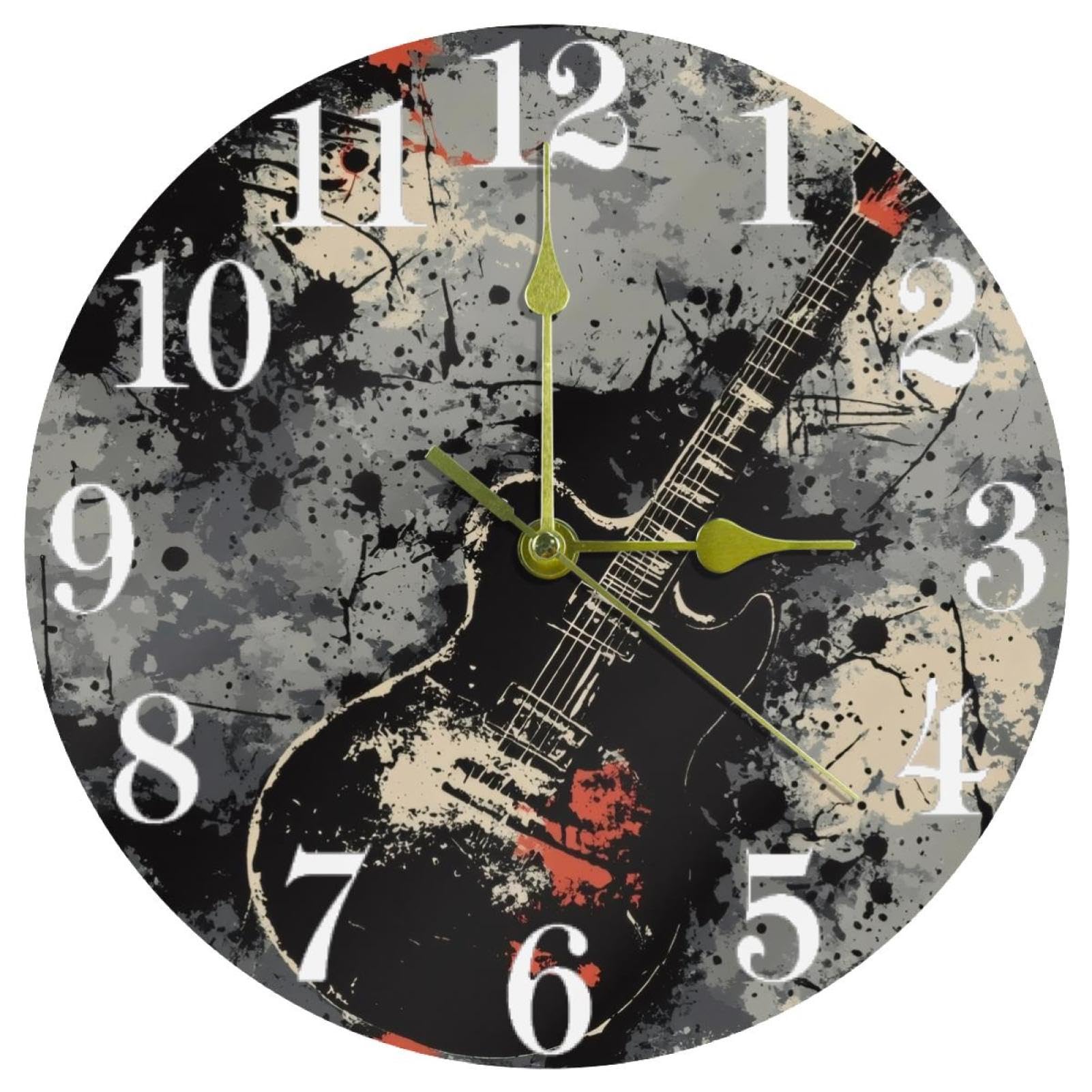 Horloge murale noire guitare grunge ronde montre murale quartz sans tic-tac fonctionnant sur piles