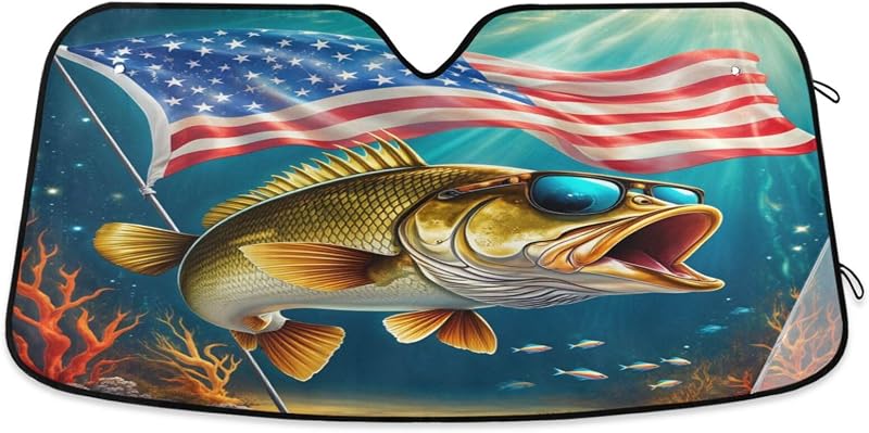 Dussdil Protetor Solar Refletivo para Para-brisa com Estampa Bass Fish US Flag, Dobrável, 140 x 70 cm