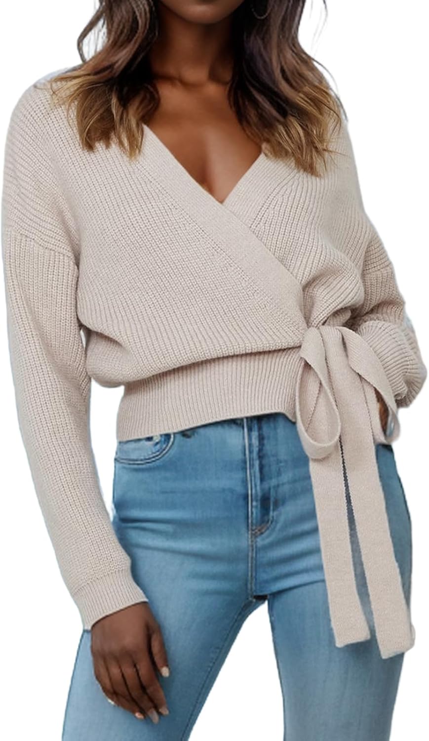 LANSALIRO Women's Casual V Neck Wrap Sweater Pullovers Lightweight Ribbed Drop Shoulder Knitted Tops