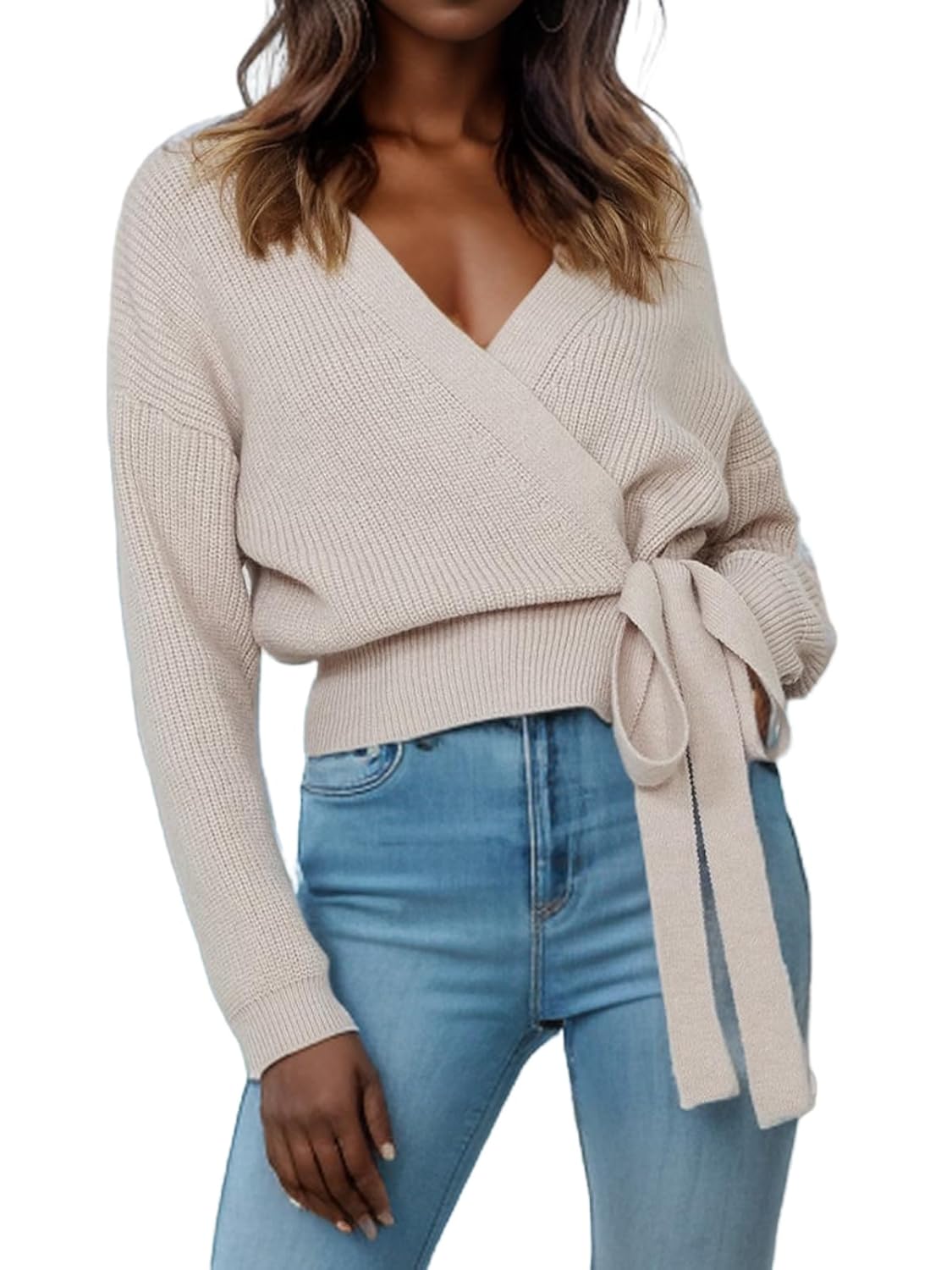 Womens Casual V Neck Wrap Sweater Pullovers Lightweight Ribbed Drop Shoulder Knitted Tops