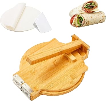 Wooden Quesadilla Maker - Tortilla Press 10 Inch with 50 Parchment Paper & Dough Cutter, Bamboo Prensa para Tortillas Mexican Aplastador de Tortillera Press for Burritos, Taco, Roti, Corn Tortillas