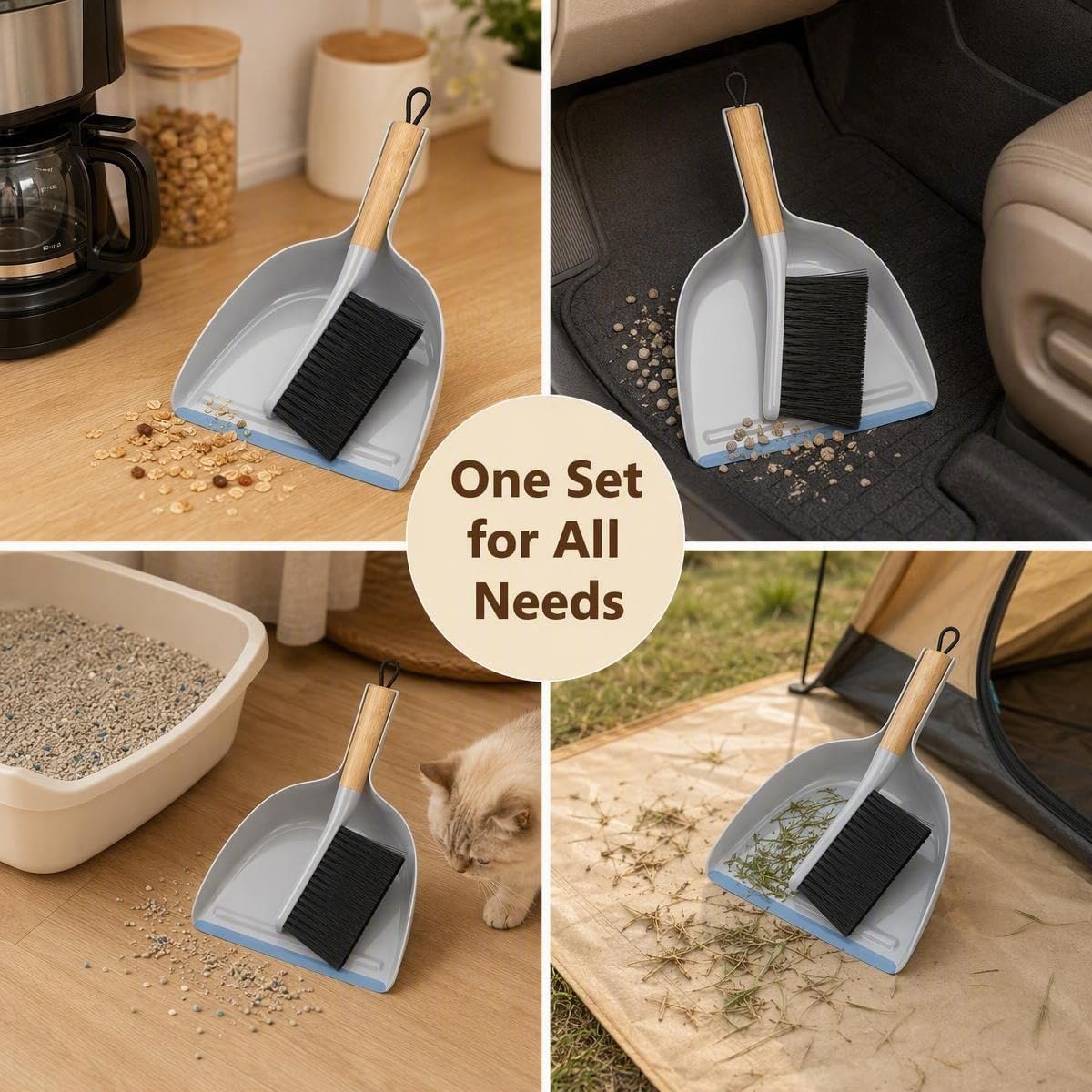 Handheld Dustpan and Brush Set, Small Bamboo Broom with Flagged PET Bristles, Soft Rubber Lip Dustpan & Hanging Loop for Kitchen Counter, Desk, Car, Pet Area and Camping