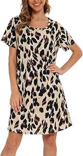 Womens Nightgowns Cotton Sleepwear Plus Size Sleep Shirt Short Sleeve Nightshirt Print Sleepshirt