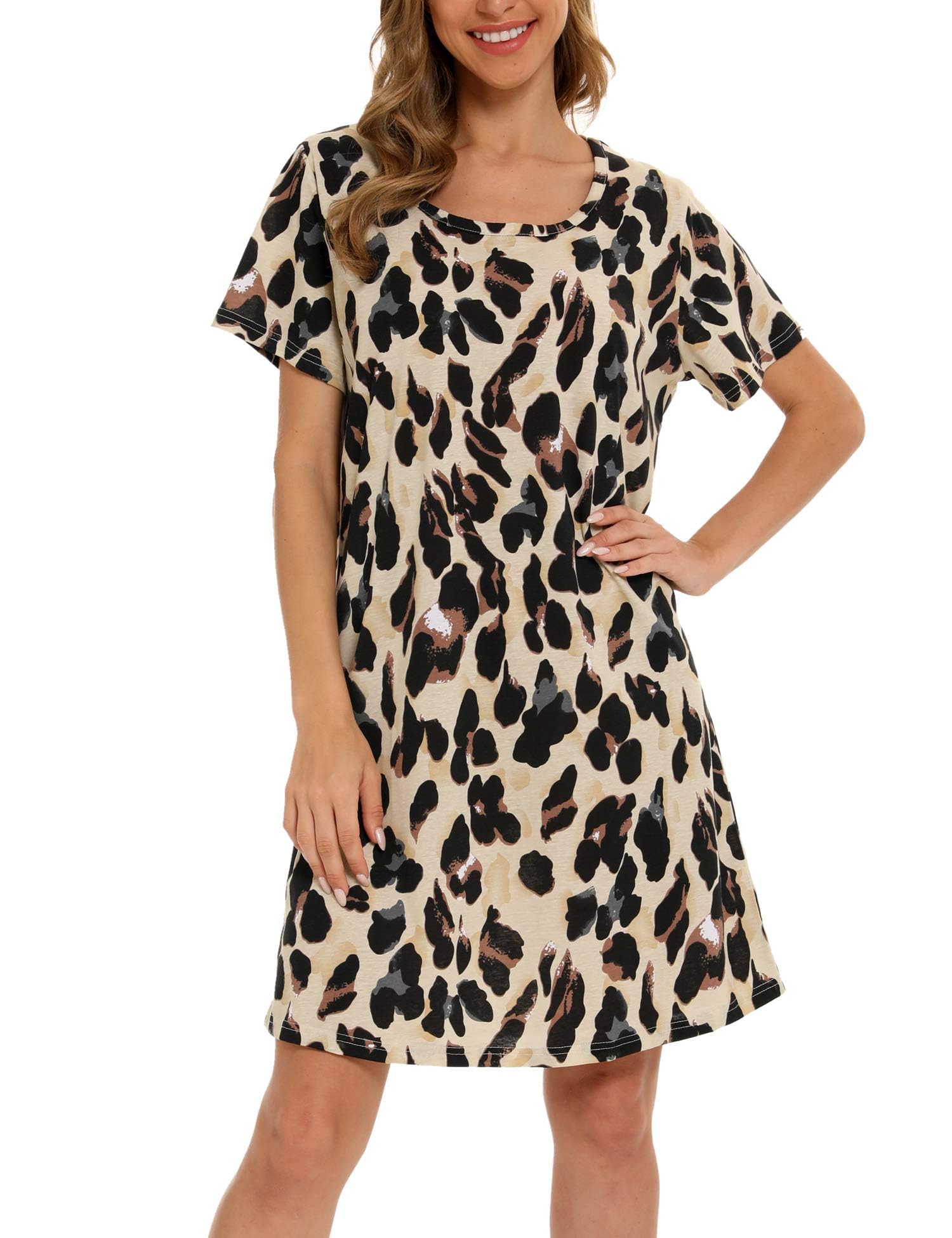 enjoynight Women's Sleepwear Cotton Sleep Tee Short Sleeves Print Sleepshirt(XX-Large, Light Leopard)-picture-24