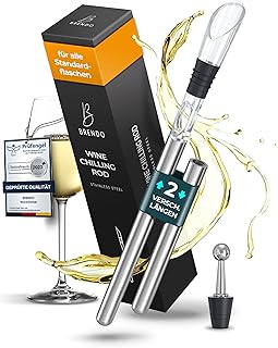 Brendo Weinkühler 4-in-1 Weinkühlstab Edelstahl I Flaschenkühler 2 Längen Weinkühlstäbe + Weinausgießer + Dekanter + Flaschenverschluss I Wein-Geschenk-Set Männer Frauen, Wein-Zubehör, Geschenkidee