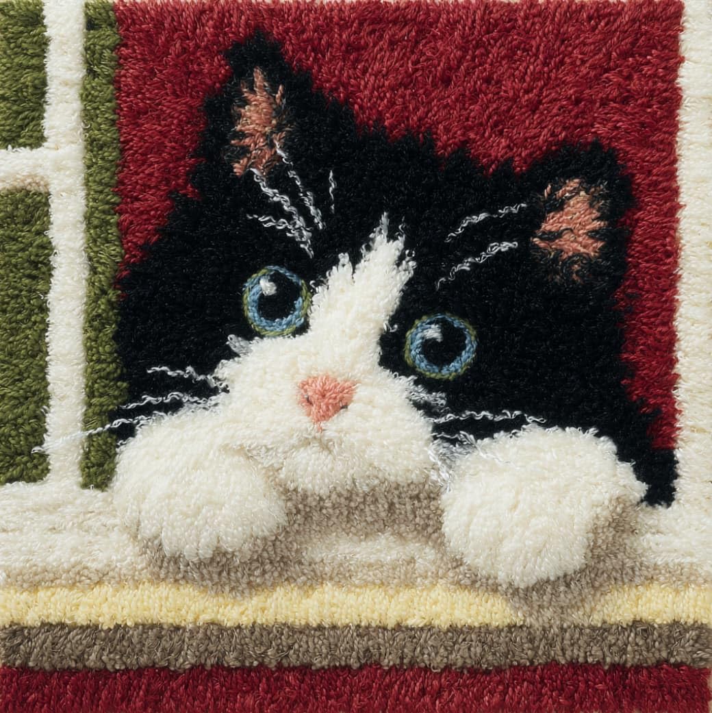 Henypt Latch Hook Pillow Making Kit 43x43cm,Tuxedo Cat Printed Canvas Needlework Set,Relaxing Handmade Craft for Home Bedroom Decoration