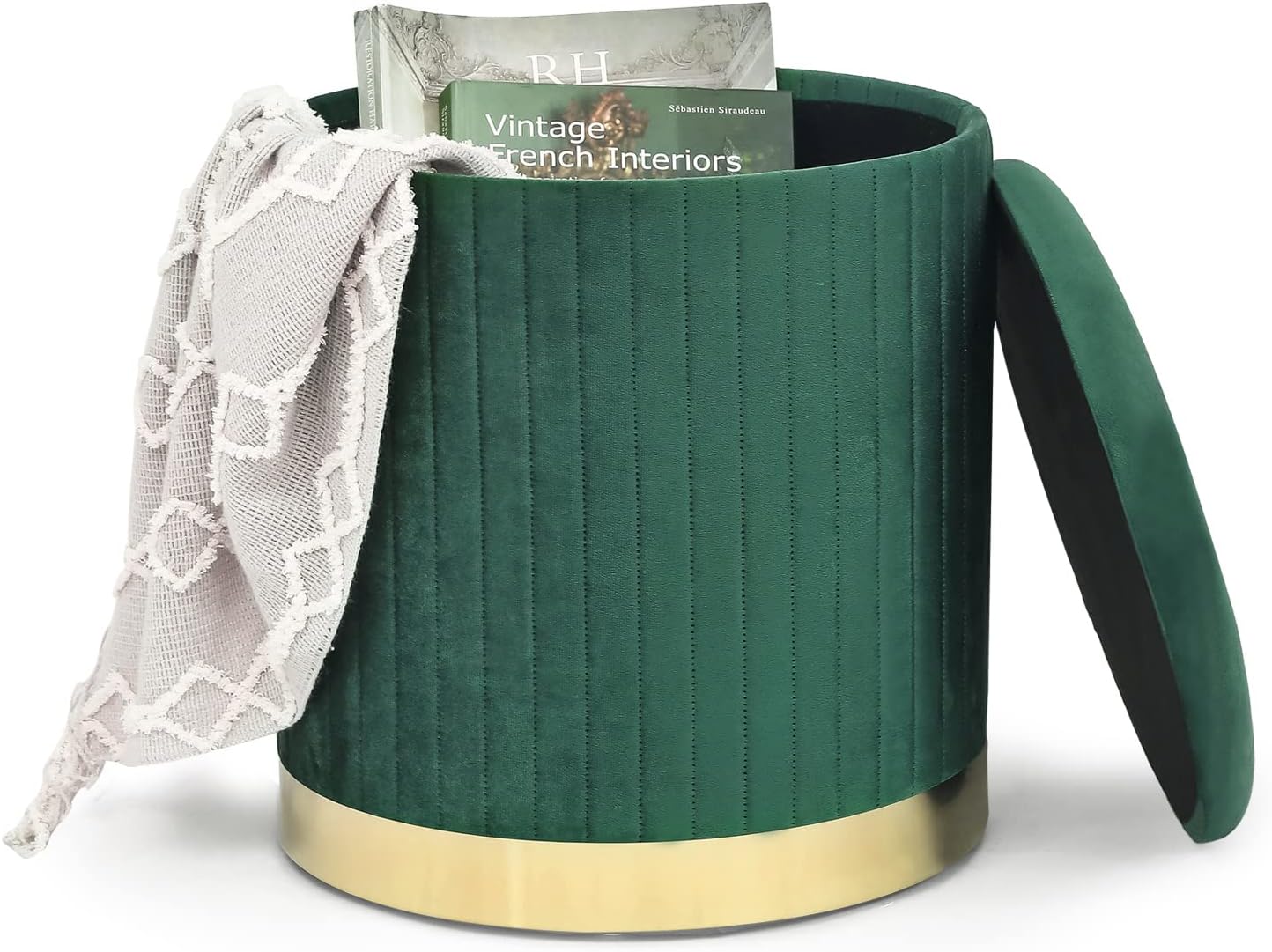 Adeco Round Velvet Storage Ottoman,Vanity Stool Chair,Upholstered Foot Rest Stool with Gold Plating Base for Living Room or Bedroom (Pack of 2), Small