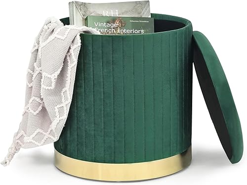 Miniatura 5 de Adeco Otomana redonda de terciopelo, taburete de tocador, taburete tapizado con base chapada en oro para sala de estar o dormitorio (paquete de 2),