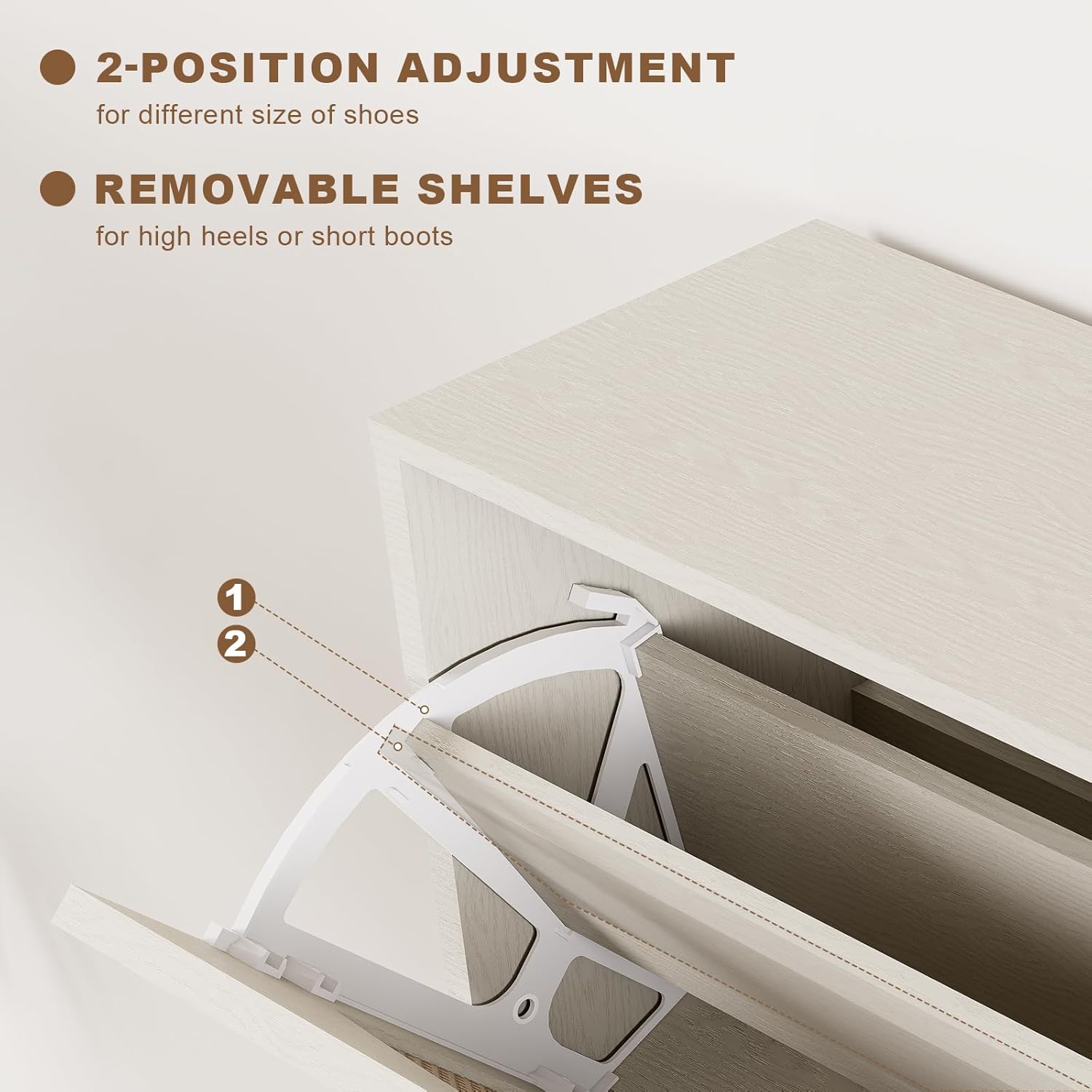 Rattan Shoe Cabinet with 2 Flip Drawers, 12" Deep Shoe Storage Cabinet for Entryway, Cream White Wood Grain Boho Shoe Organizer for Men's Sneakers & Boots, Space Saving Hidden Shoe Rack