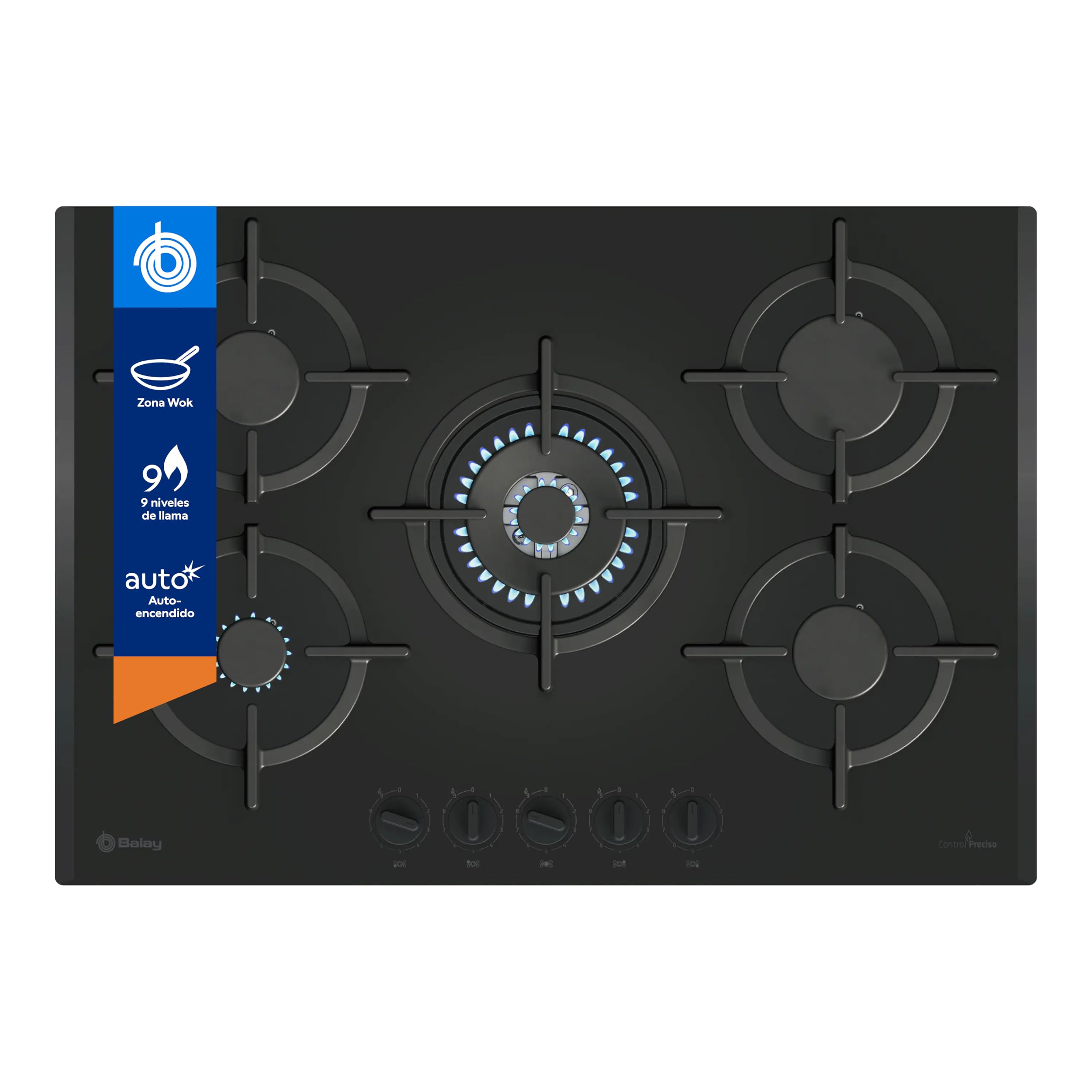Balay - Placa de Gas, 75 cm de ancho, 5 Zonas de Cocción, Control de llama, Autoencendido, GasStop, negro, 3ETG676RB