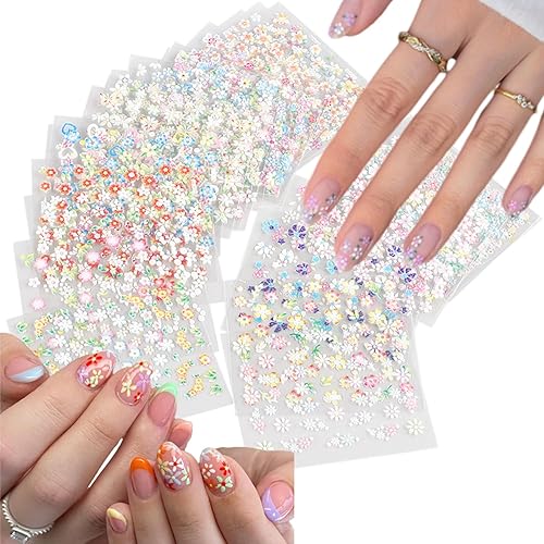 30 hojas de calcomanías de arte de uñas de flores 3D coloridas primavera suministros de arte de uñas flores de rosa, margarita, flores de cerezo,