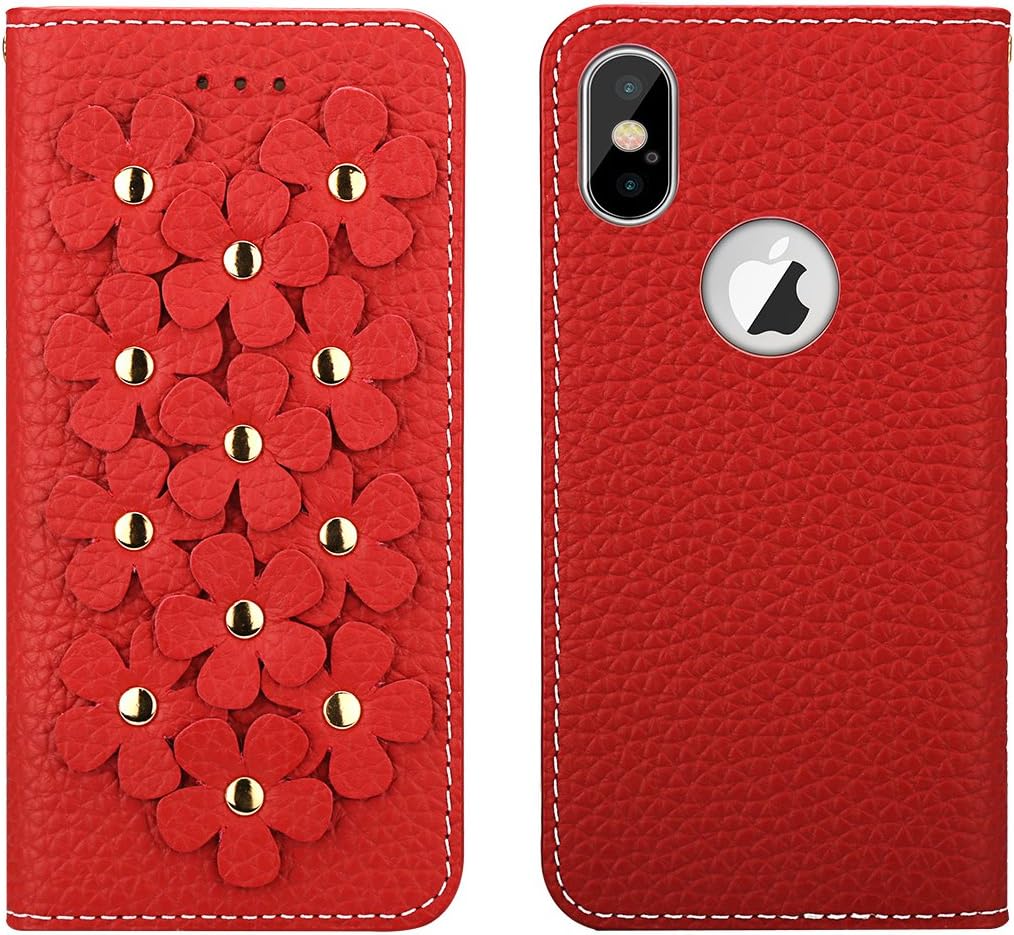 iPhone X Case (5.8"), Premium Handmade PU Leather Wallet Case with 2 Card Holder for Apple iPhone X, Book Design 3D Flower Patchwork Flip Cover Case for Girls and Women (Red)