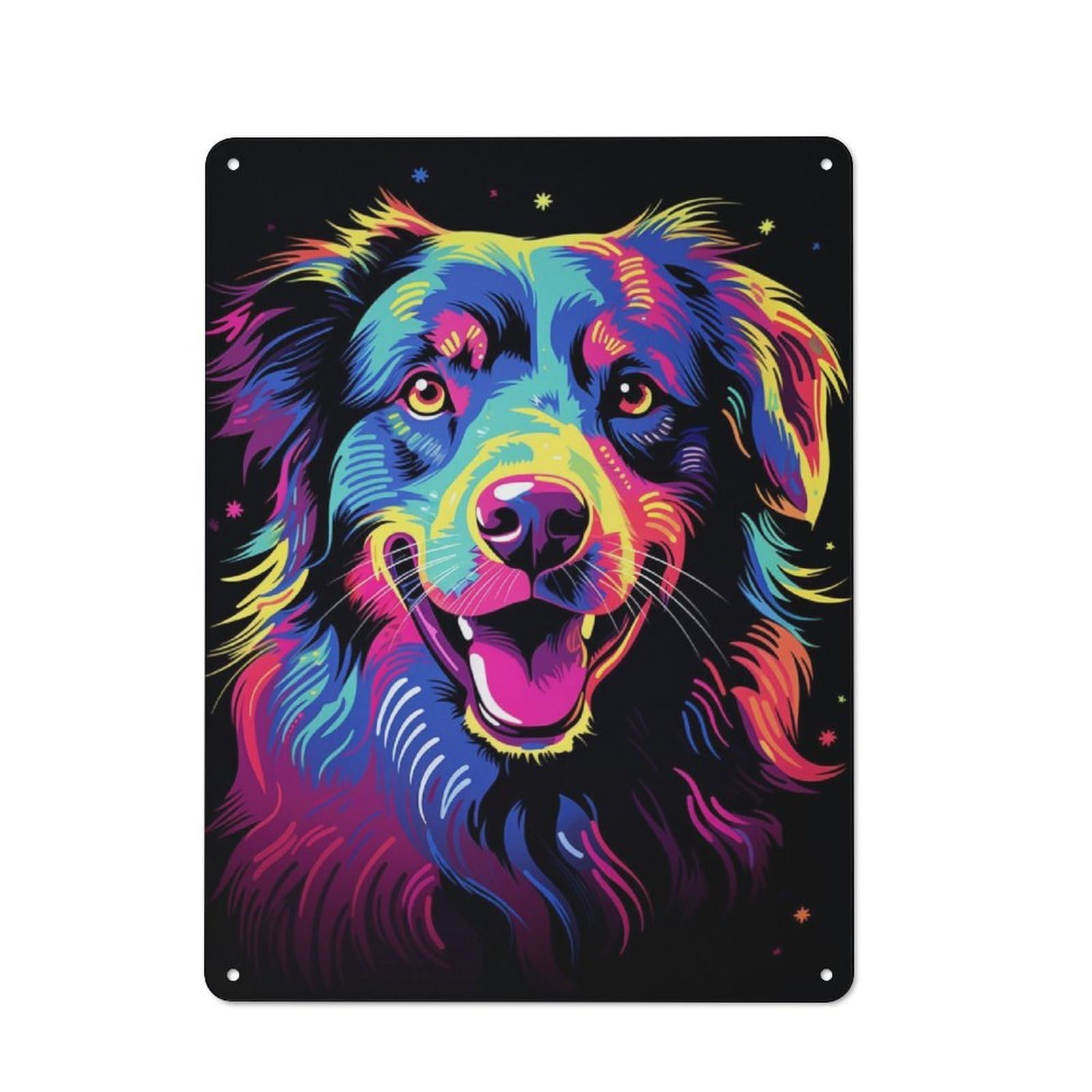 Decorative Metal Plaque with Neon Australian Shepherd Design 40x30cm, Modern Retro Studio Wall Art for Workspace, Cafe, Hallway Or Garage