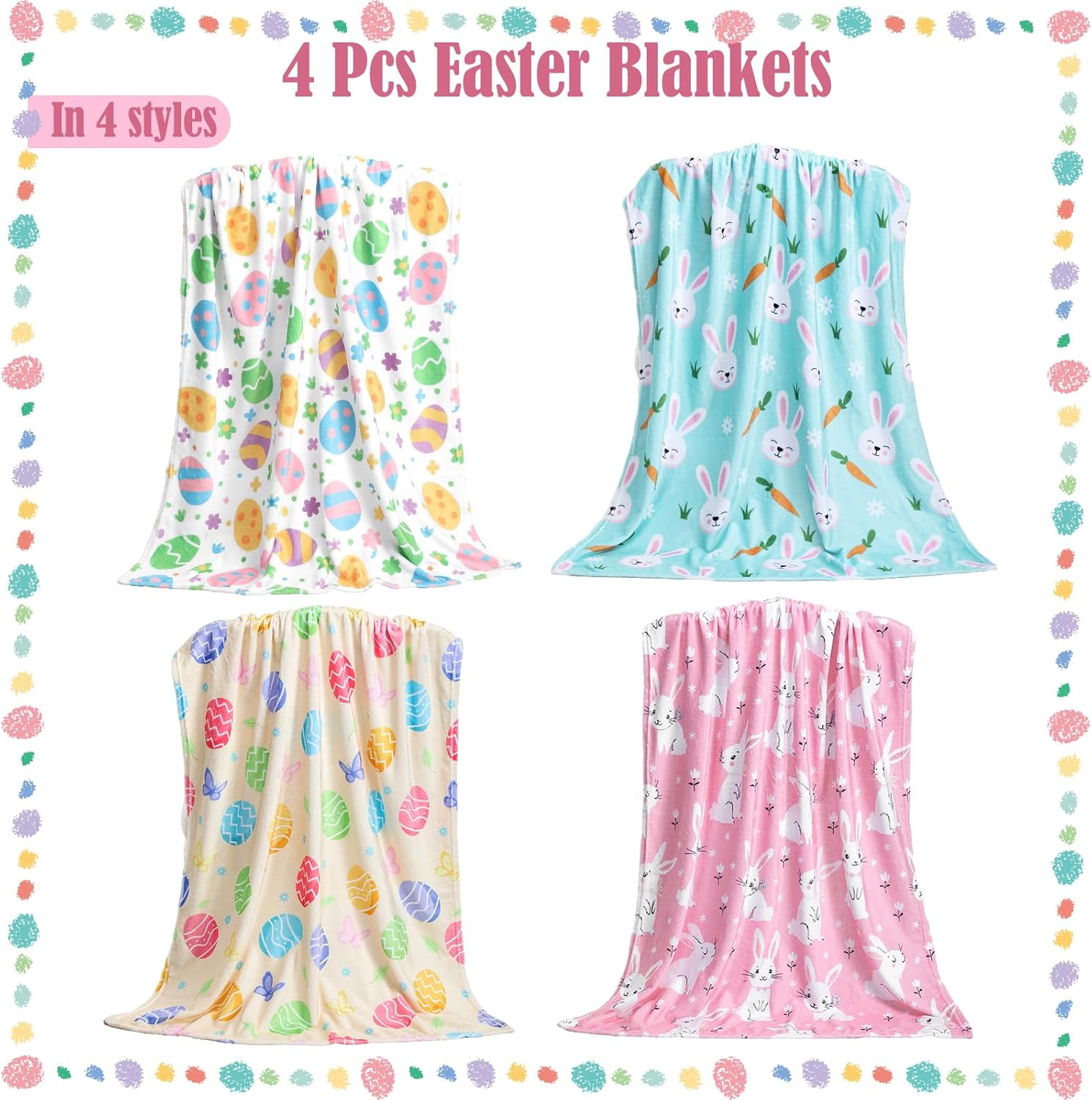 Buryeah 4 Pcs Easter Blankets Eggs Rabbit Throw Blanket Soft Cozy Lightweight Flannel Blanket Warm Colorful Easter Gifts for Couch Chair Sofa Bed and Travel 40x50 Inch