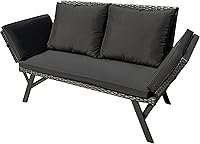 Greesum Woven Rattan Outdoor Sofa: Convertible Daybed or Double Chair with Adjustable Armrests, Cushions & Pillows - Black Patio Lounger