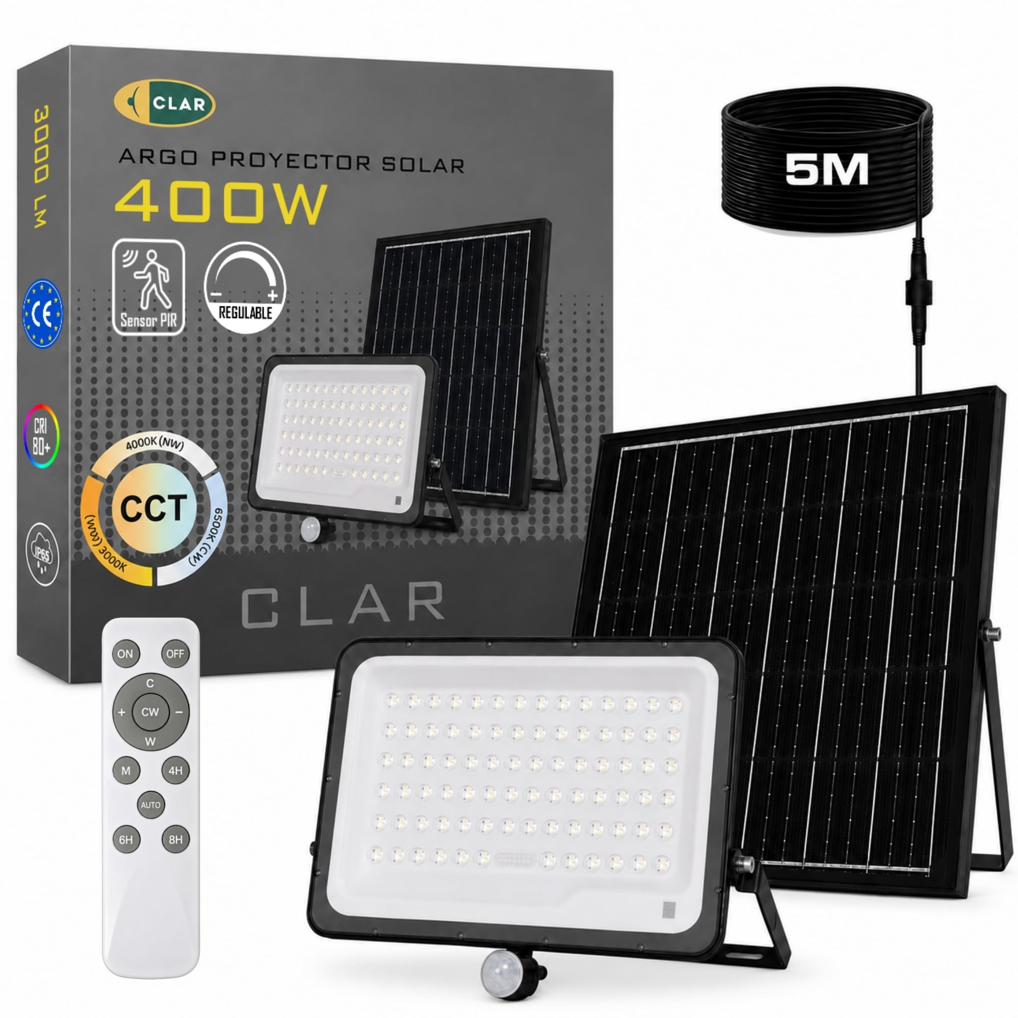 CLAR - Solarstrahler für Außen, Solar LED Strahler, Solarlampen für Außen Ohne Bewegungsmelder, Solar Scheinwerfer für Außen, Solar Flutlicht, Solarlampe Ohne Bewegungsmelder, 400W (Pack 1)