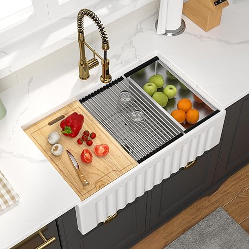 33 Inch White Farmhouse Sink 33x20x10 White Fireclay Apron Front Kitchen Sink Single 10 Inch Deep Ceramic Farm Farmer Style Workstation Basin
