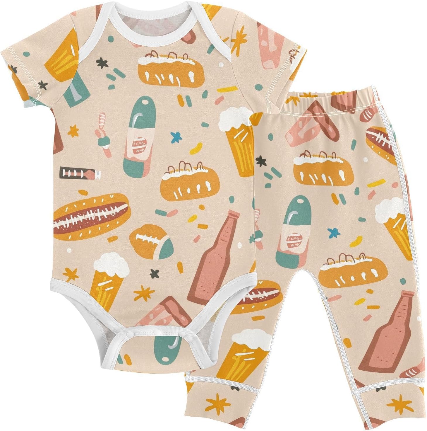 vvfelixl Baby Clothes Cartoon Hotdog Beer Baby Bodysuits Set Unisex Short Sleeve Babys Pants Sets 0-3M
