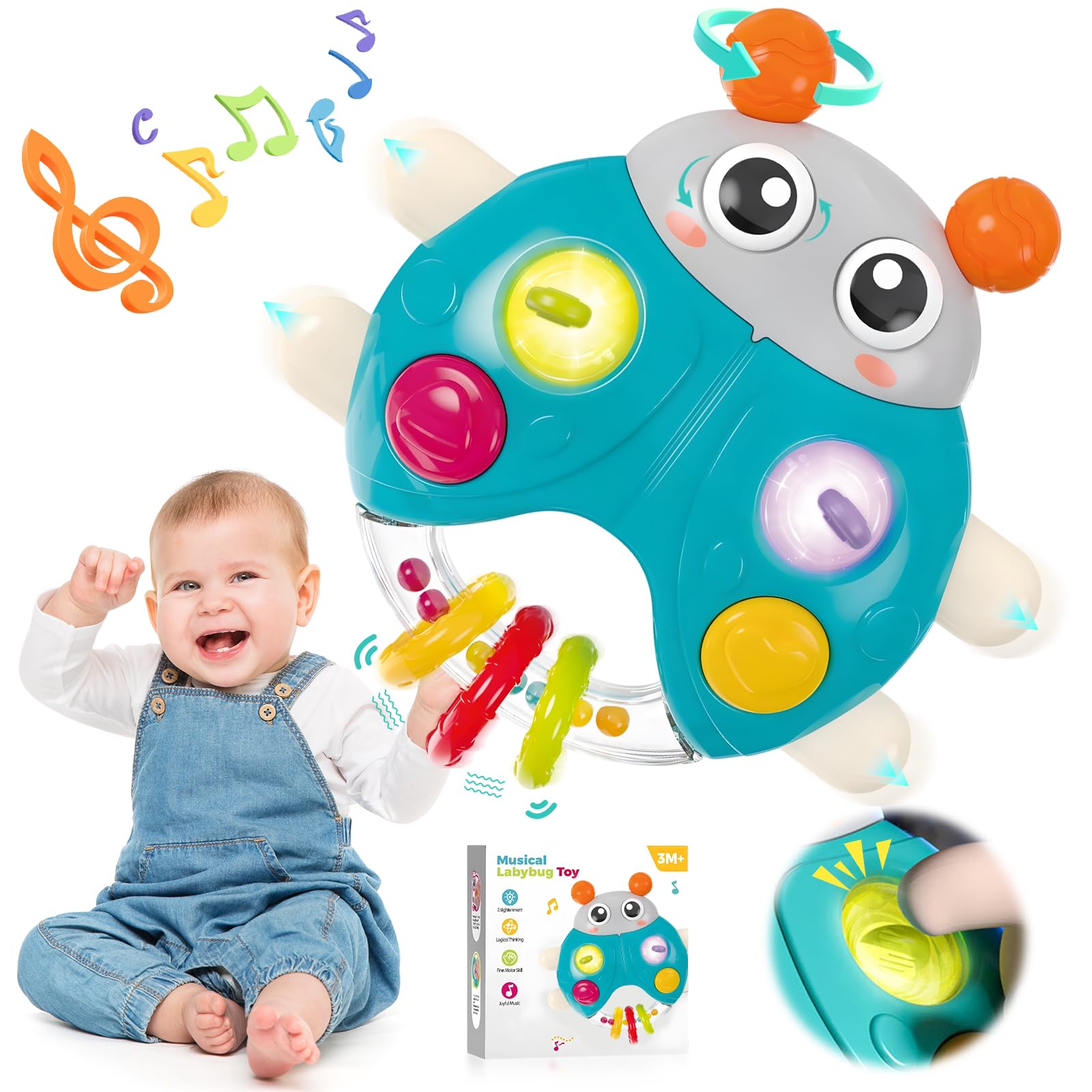 Montessori Toys for 1 Year Old,Musical Ladybug Toy Early Development Toy Music Light Up Toy Toddler Sensory Toys Pop Fidget Toys Baby Ladybug Educational Musical Toy for Toddlers Baby 1-3 (Blue)