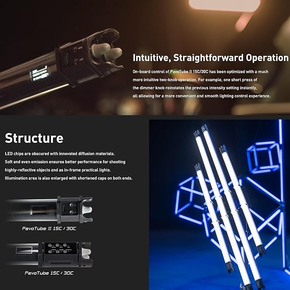NANLITE PavoTube II RGBWW LED Light Tube, Color RGBWW LED Pixel Tube Photography Handheld LED Video Lighting Wand with AC Chargers, Mounts, and Case Battery Powered(PavoTube II 15C 4 Light Kit)