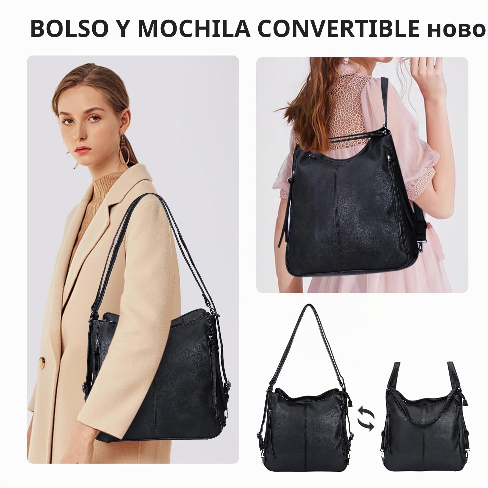 HUA ANGEL Bolso de hombro Set de 3 Bolsos Mujer Grande Tote (Convertible a Mochila) + Bandolera Móvil + Clutch in Cuero PU Multifuncional Bolso de mano para Viaje Trabajo Shopping Diario