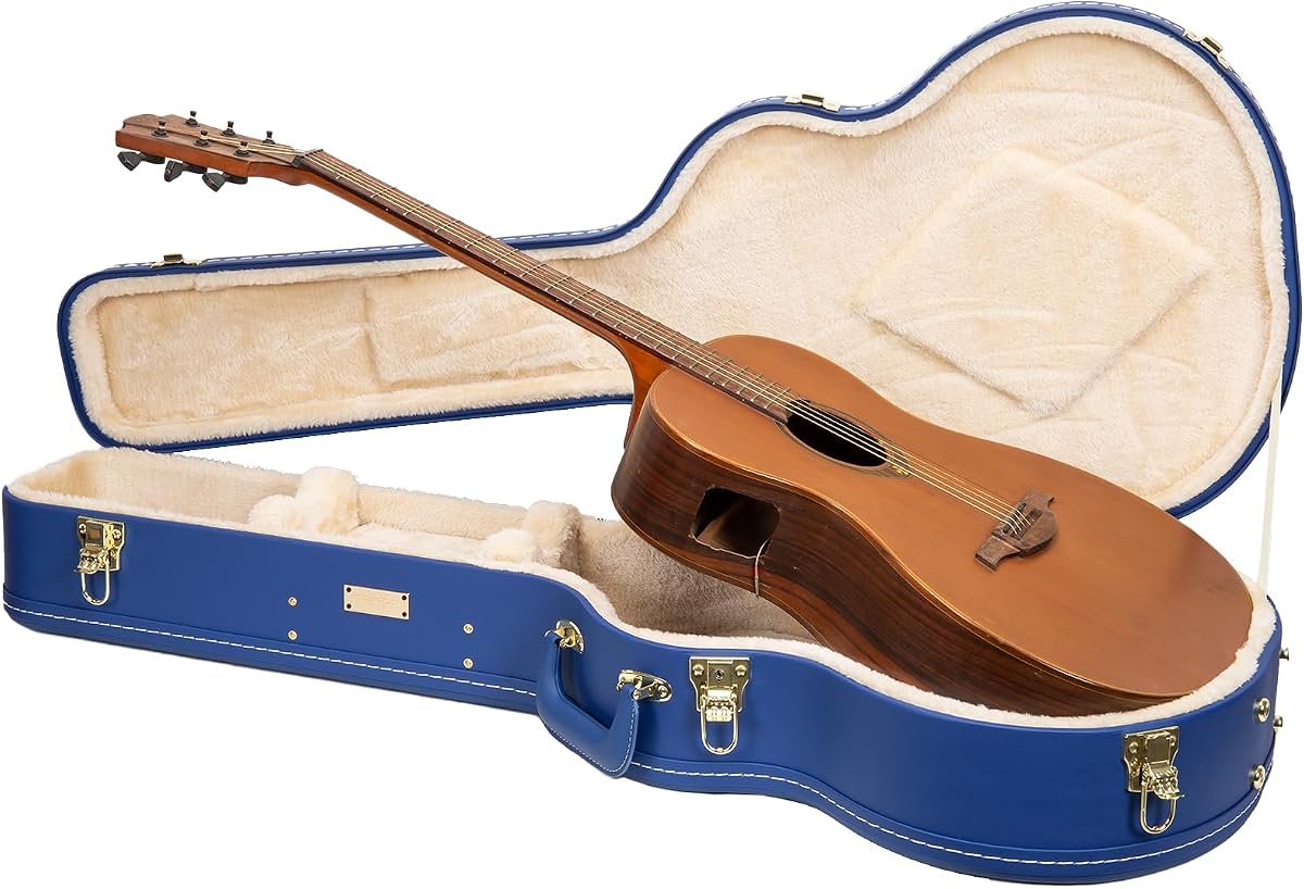 Crossrock Wooden OM Guitar Case for Martin 000-14 Fret | Vibrant Blue Faux Leather, Beige Plush Interior, Lock – Designer Series(CRW520OMVB)