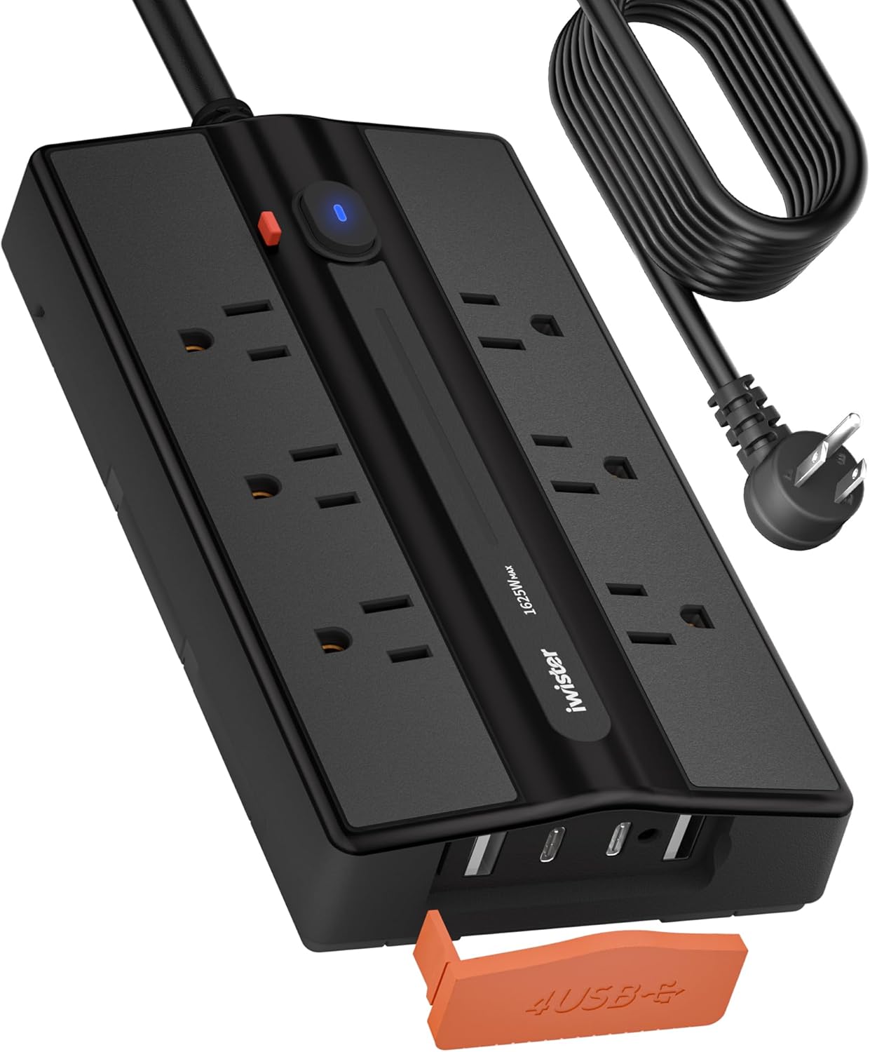 Outdoor Power Strip Waterproof, 1625W/13A Extension Cord Waterproof with 6 Outlets & 4 USB,Angle Design Wide Power Strip, Overload & Short Circuit Protection for Home,Patio,Party