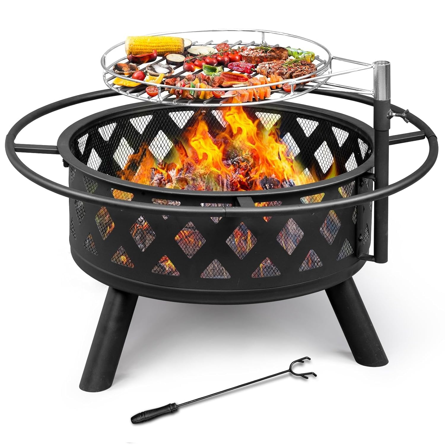 Fire Pit for Outside, 30 Inch Large Outdoor Wood Burning Fire Pits, Patio Backyard Firepit with Steel BBQ Grill Cooking Grate, Spark Screen & Poker for Garden, Bonfire, Camping, Picnic, sigadi,