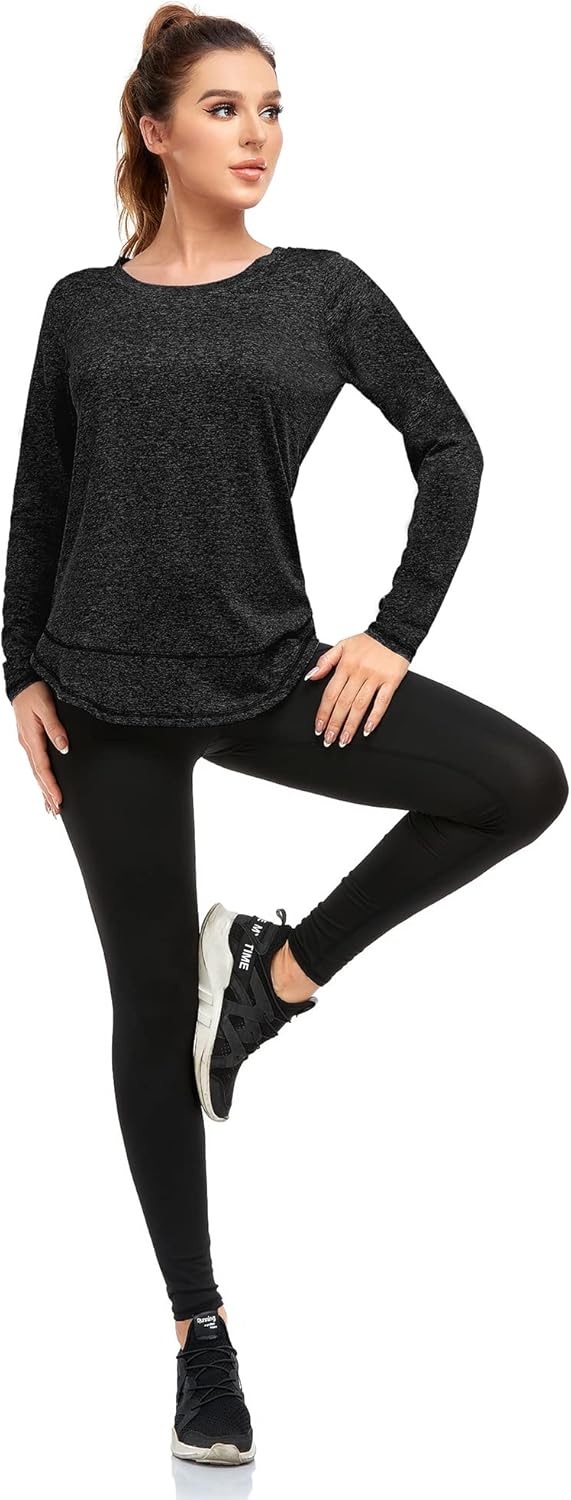 Women's Long Sleeve Workout Shirts Crewneck Sports Yoga Running Dry Fit Tops Side Split Tee - Image 5