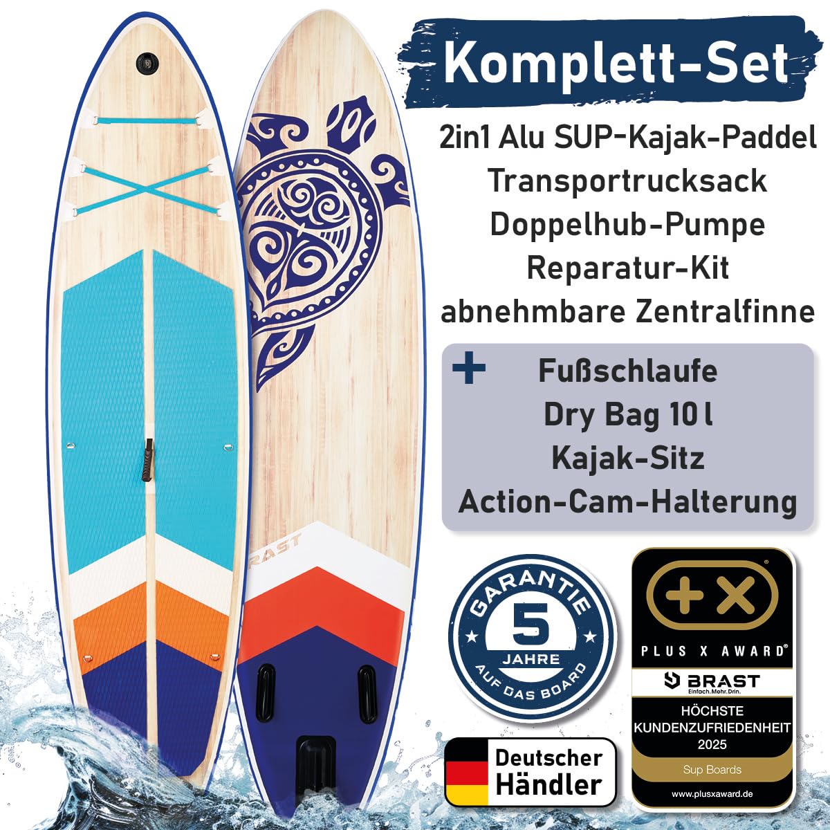 BRAST SUP Board Wood | Aufblasbares Stand up Paddle Set | 320x81x15cm | 2 Designs | 5 Jahre Garantie | inkl. Sonderzubehör | 2in1 Paddel Kajak-Sitz Action-Cam-Halterung Fußschlaufe