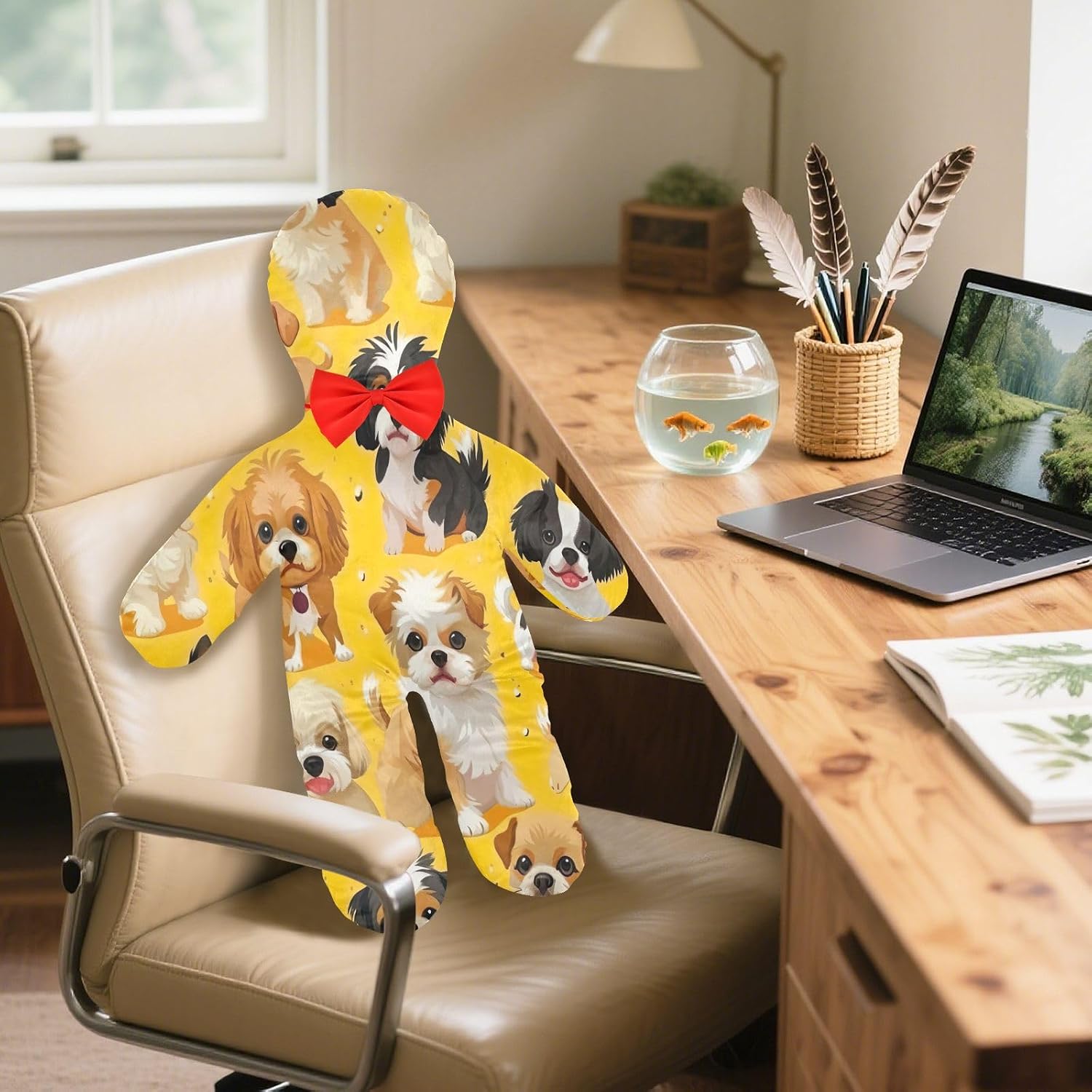 Little Dogs on Yellow Human-Shaped Pillow Soft Body Pillows Washable Velvet Pillows for Anxiety Relief Sleeping Cuddling & Support