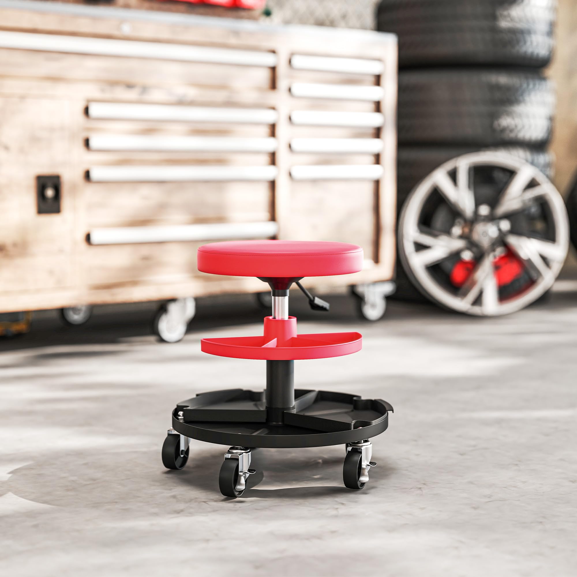 HOMCOM Taburete de Taller Giratorio con Ruedas Altura Ajustable de 40-51 cm Asiento Taburete para Mecánico con 2 Bandejas para Herramientas Carga 135 kg para Garaje Reparación de Automóviles Rojo