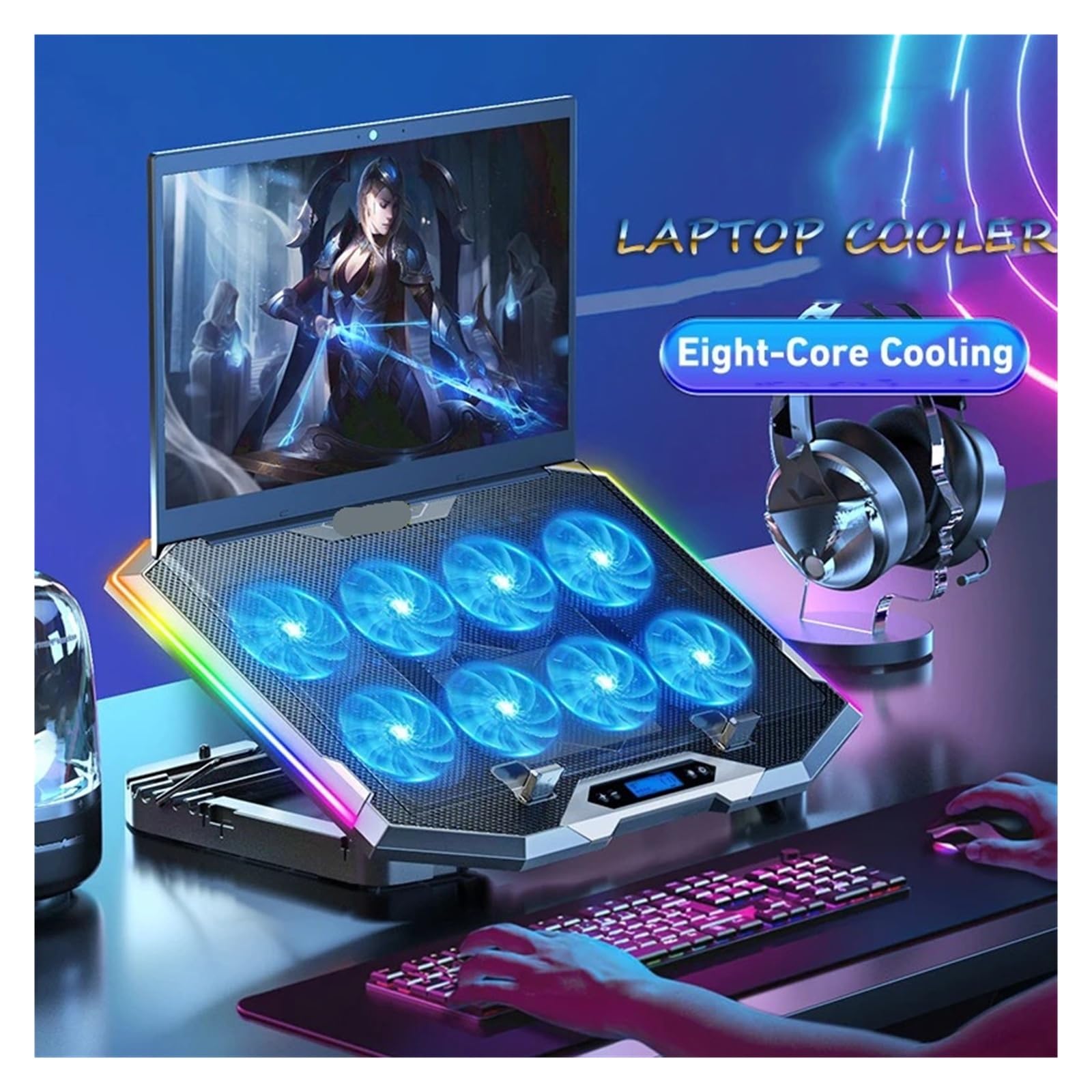 Raffreddatore for laptop RGB Base di raffreddamento for laptop con schermo a LED da 12-18 pollici 3500 RPM 8 ventole 2 porte USB Supporto for dispositivo di raffreddamento for notebook