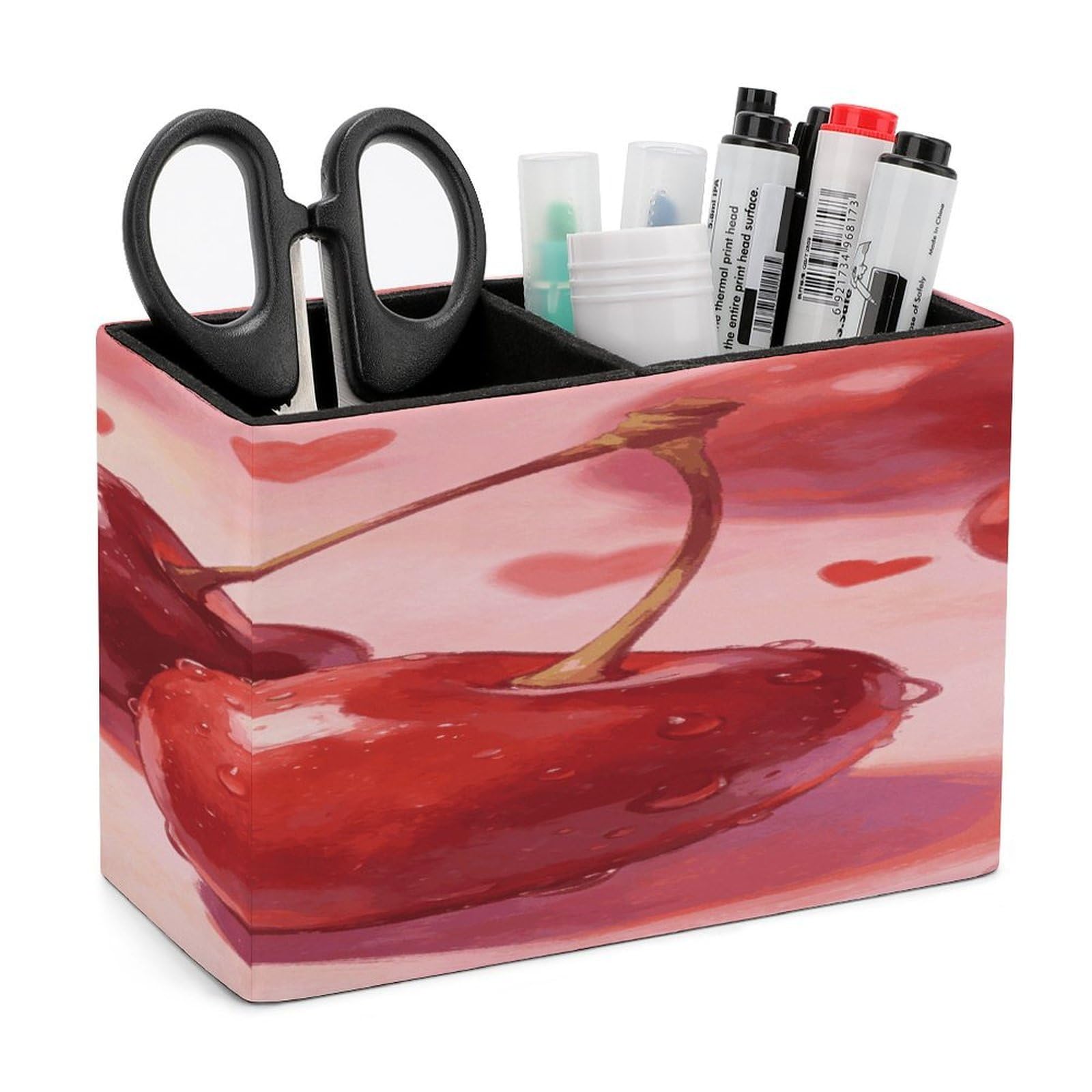 LZQPOEAS Cherries And Hearts Pen Holder Double Compartments Pen Cup Makeup Brush Holders Leather Pencil Holder Locker Organizer for Work Locker Accessories Modern Pencil Cup for Desk