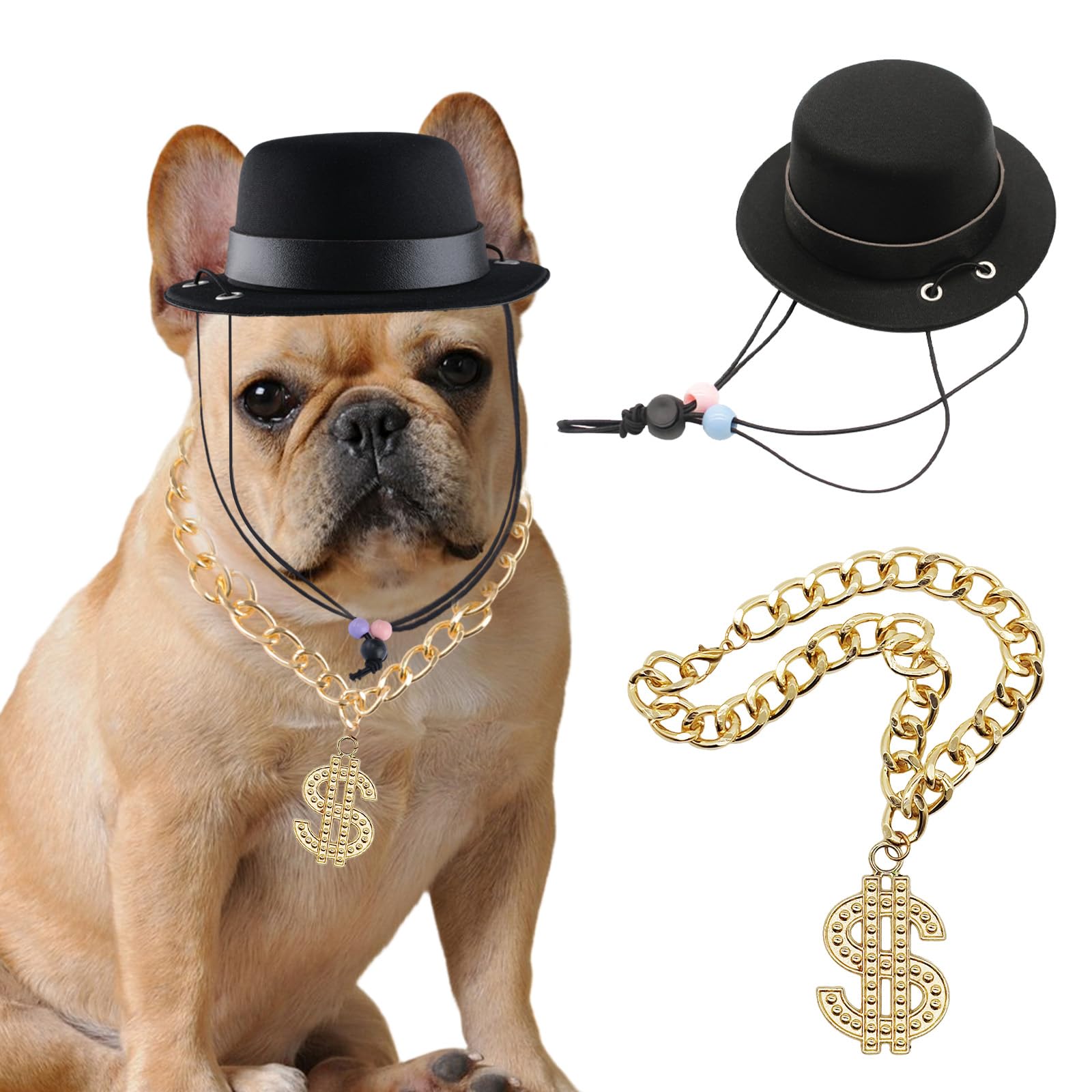 HACRAHO Pet Formal Hat with Chain, 2 PCS Pet Hat Formal Top Hat Costume Set Dog Top Hats and Pets Chain for Small Medium and Large Dogs, Black and