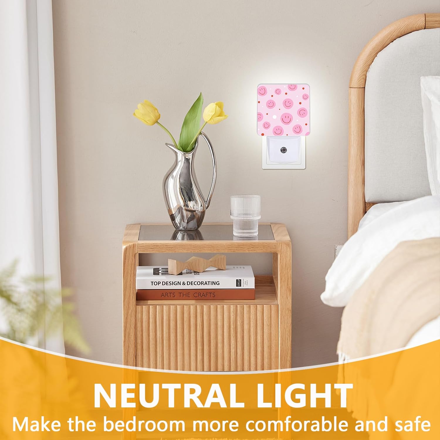 Pink Smiley Face Night Light, Plug-into Nightlight White LED Lamp, Energy Efficient Decor Desk Lamp for Bedroom Hallway Stairs Bathroom