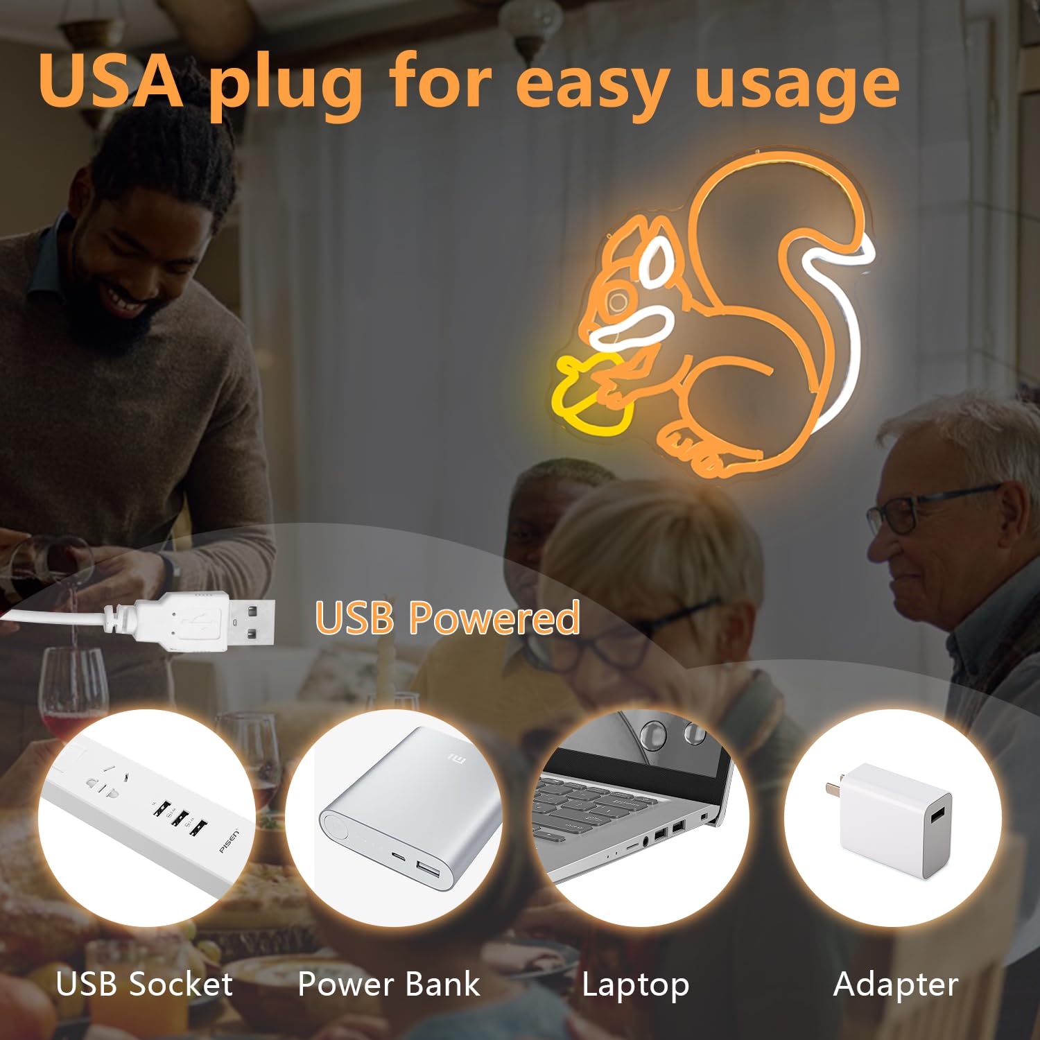 Letrero de neón de ardilla para decoración de pared, ardilla sosteniendo un cono de pino, luz de neón regulable, lámpara LED naranja para dormitorio, lindo letrero de luz de animal para Navidad 7